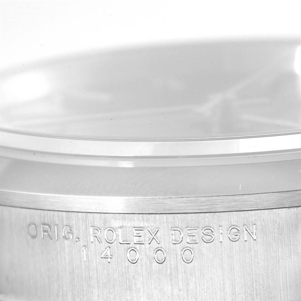 This image shows a close-up of the casing and reference number 14000 of the Rolex Air-King 14000 Men's Stainless Steel Black Dial 14000 Men's Stainless Steel Black Dial watch, viewed from the side.