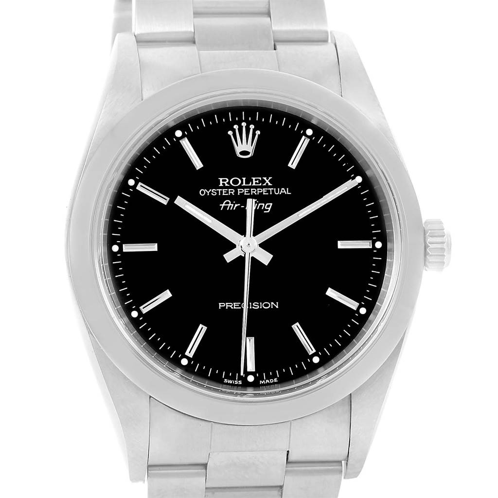 The Rolex Air-King 14000 Men's Stainless Steel Black Dial 14000 Men's Stainless Steel Black Dial watch is shown from a front angle, highlighting its face, dial, bezel, and part of the bracelet.