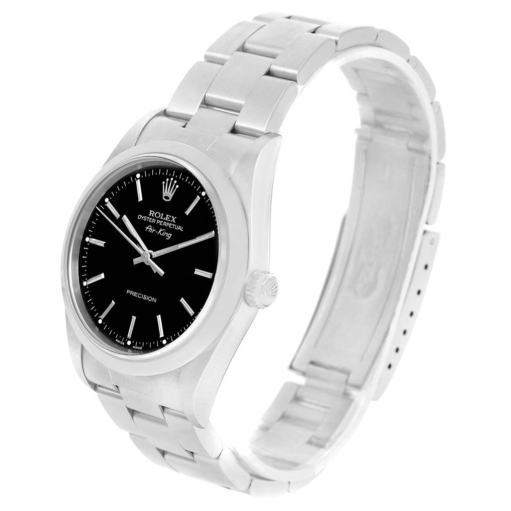 The Rolex Air-King 14000 Men's Stainless Steel Black Dial 14000 Men's Stainless Steel Black Dial watch is shown at an angled side view, highlighting the face, crown, and bracelet.