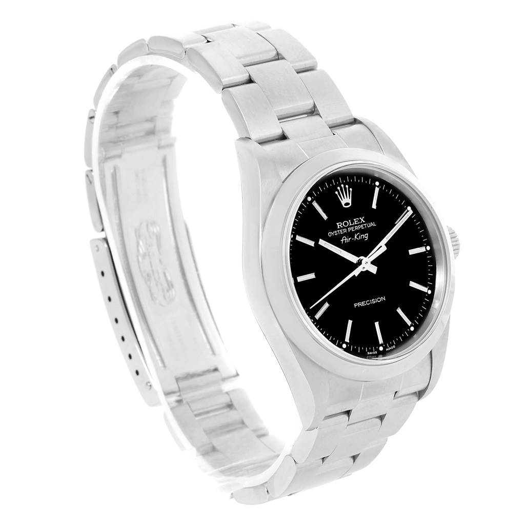 The Rolex Air-King 14000 Men's Stainless Steel Black Dial 14000 Men's Stainless Steel Black Dial watch is shown at a slight side angle, highlighting its black dial, stainless steel case, and bracelet.