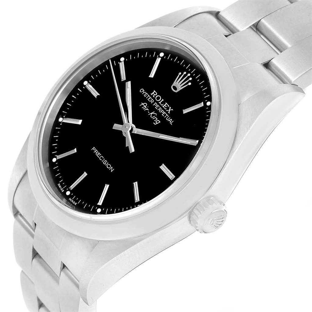 The image shows a Rolex Air-King 14000 Men's Stainless Steel Black Dial 14000 Men's Stainless Steel Black Dial watch angled to display its black dial, crown, and part of its metal bracelet.