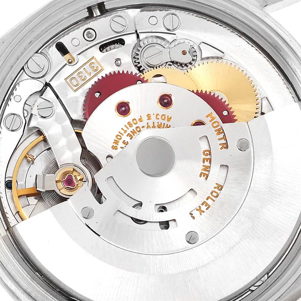 The image shows a close-up view of the intricate internal movement of a Rolex Air-King 14000 Men's Stainless Steel Black Dial 14000 Men's Stainless Steel Black Dial watch.