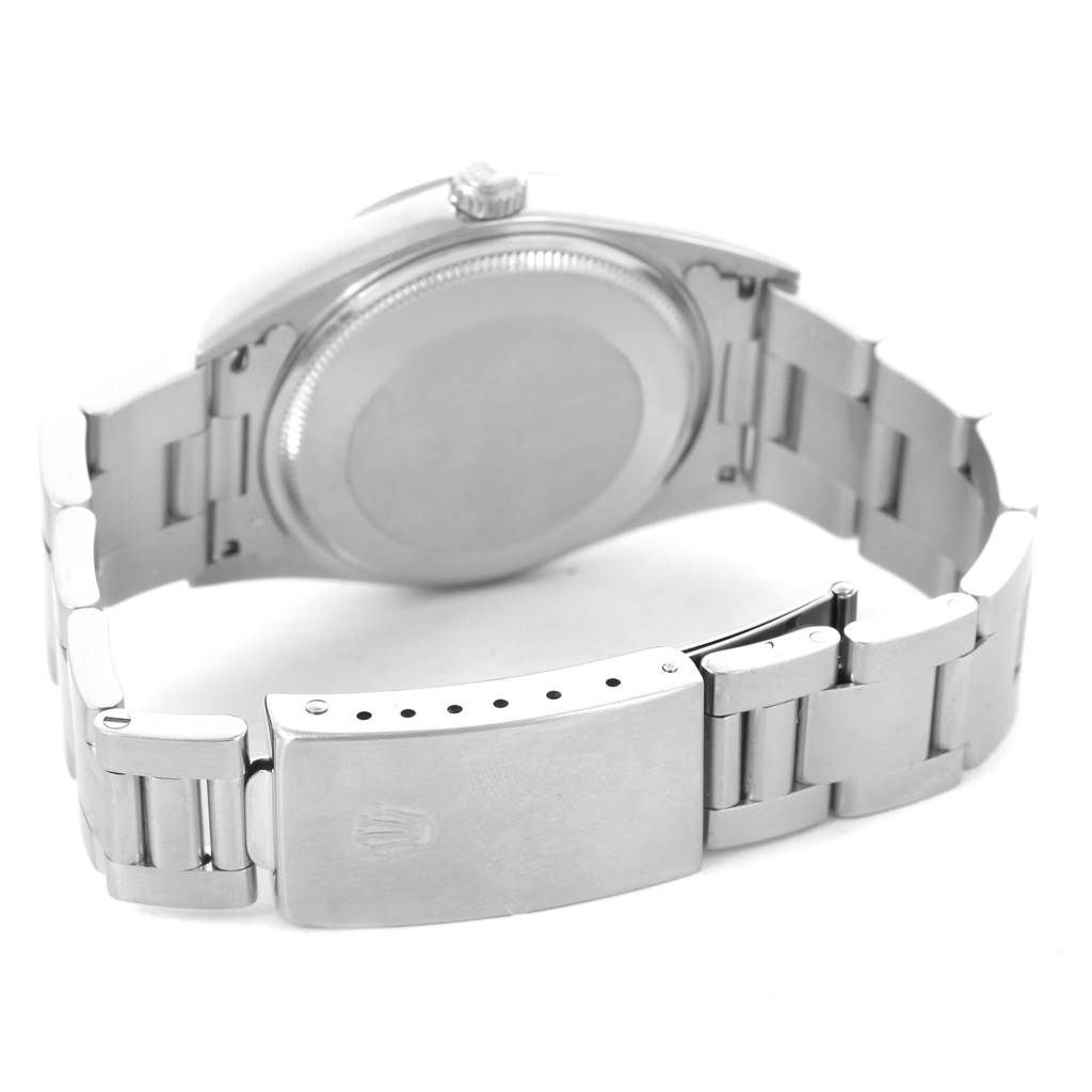 This image shows the back of the Rolex Air-King 14000 Men's Stainless Steel Black Dial 14000 Men's Stainless Steel Black Dial watch, highlighting the case back and the stainless steel bracelet clasp.