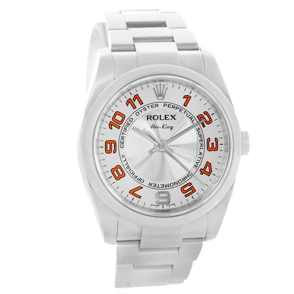 The image shows a front angle view of the Rolex Air-King 114200 Men's Stainless Steel Silver Dial 114200 Men's Stainless Steel Silver Dial watch, including the face, bezel, and bracelet.