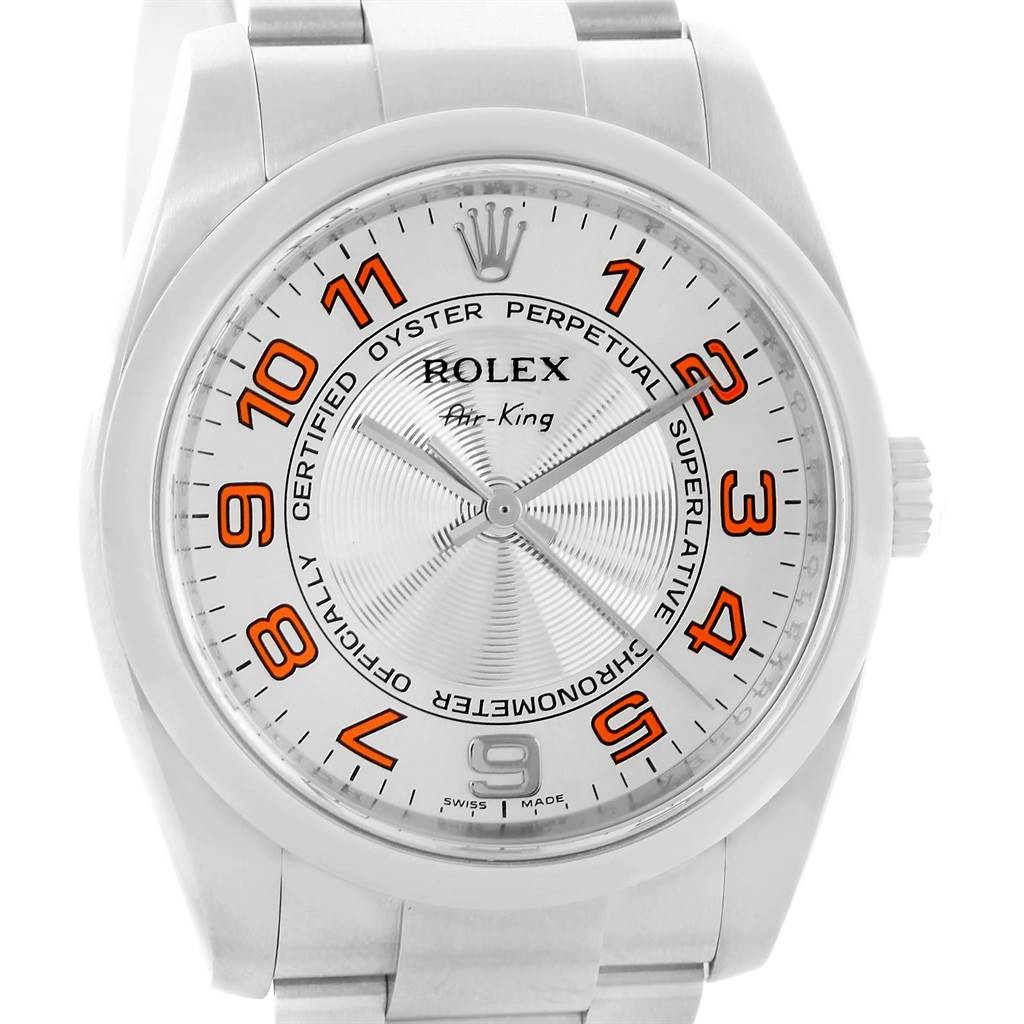 The image shows a front view of the Rolex Air-King 114200 Men's Stainless Steel Silver Dial 114200 Men's Stainless Steel Silver Dial watch, highlighting its dial and bracelet.