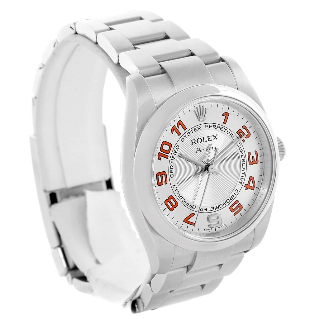 The image shows a front angled view of a Rolex Air-King 114200 Men's Stainless Steel Silver Dial 114200 Men's Stainless Steel Silver Dial watch, highlighting its dial, bracelet, and bezel.