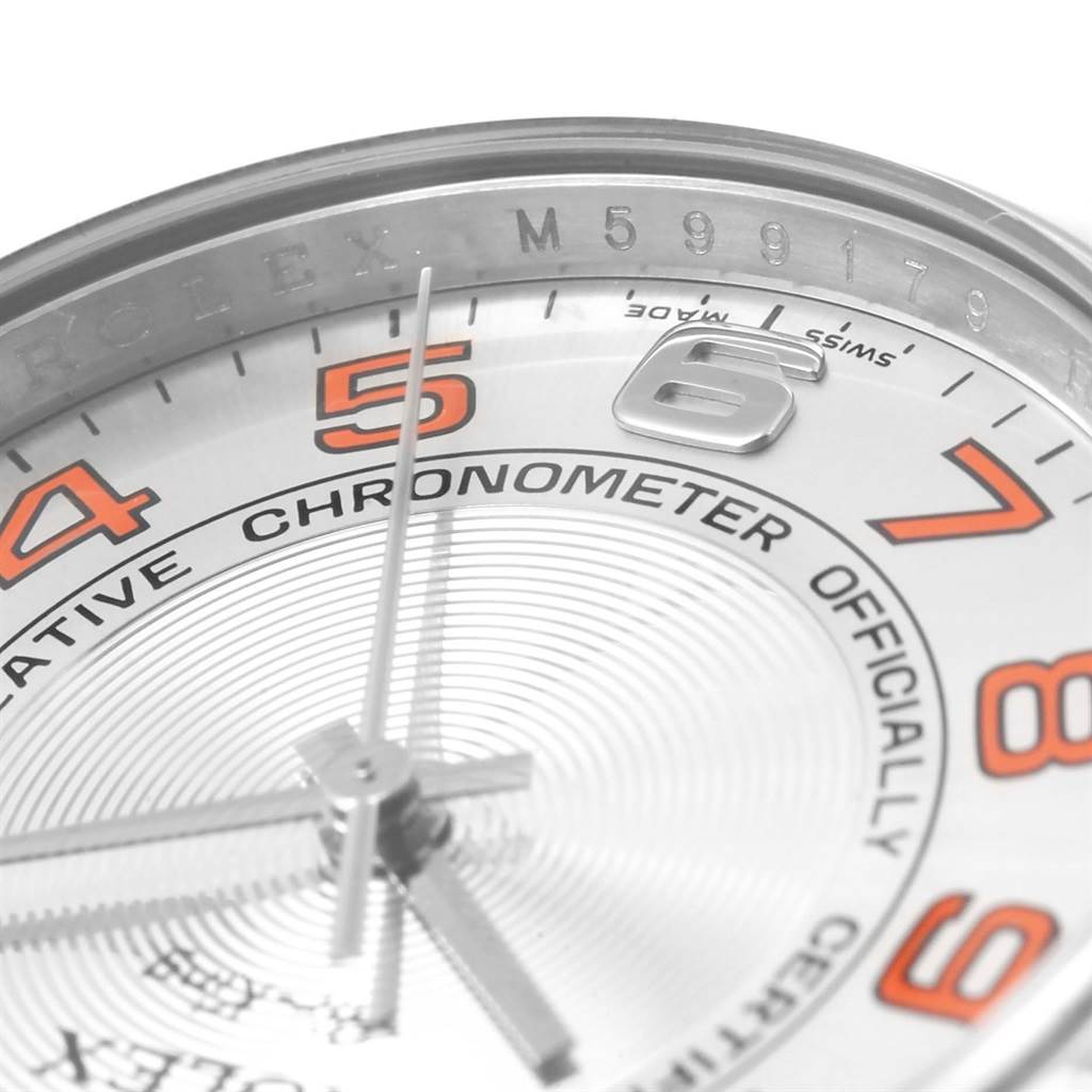 The image shows a close-up of the dial and bezel of a Rolex Air-King 114200 Men's Stainless Steel Silver Dial 114200 Men's Stainless Steel Silver Dial watch, focusing on the numerals and the central hands.