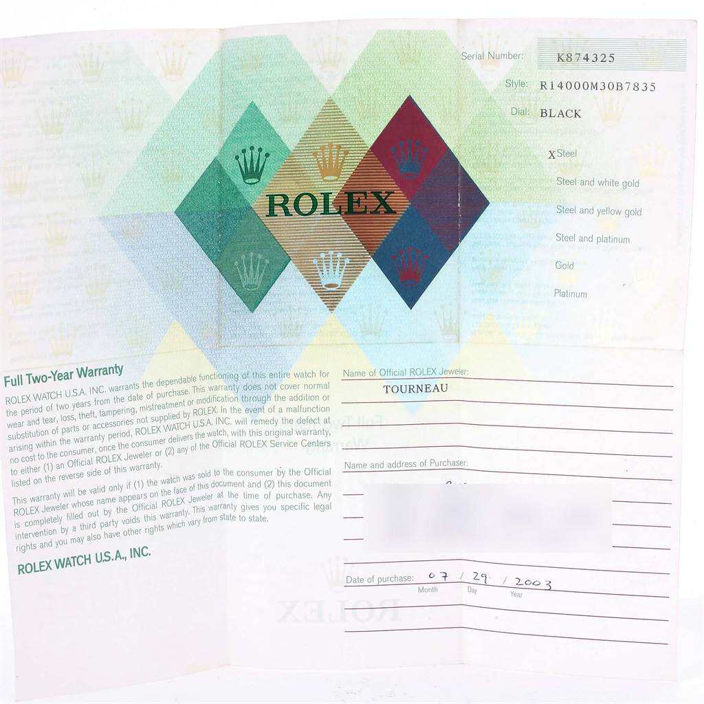 This is a warranty card for a Rolex Air-King 14000 Men's Stainless Steel Black Dial 14000 Men's Stainless Steel Black Dial model, providing details such as serial number, style, dial color, and purchase information.