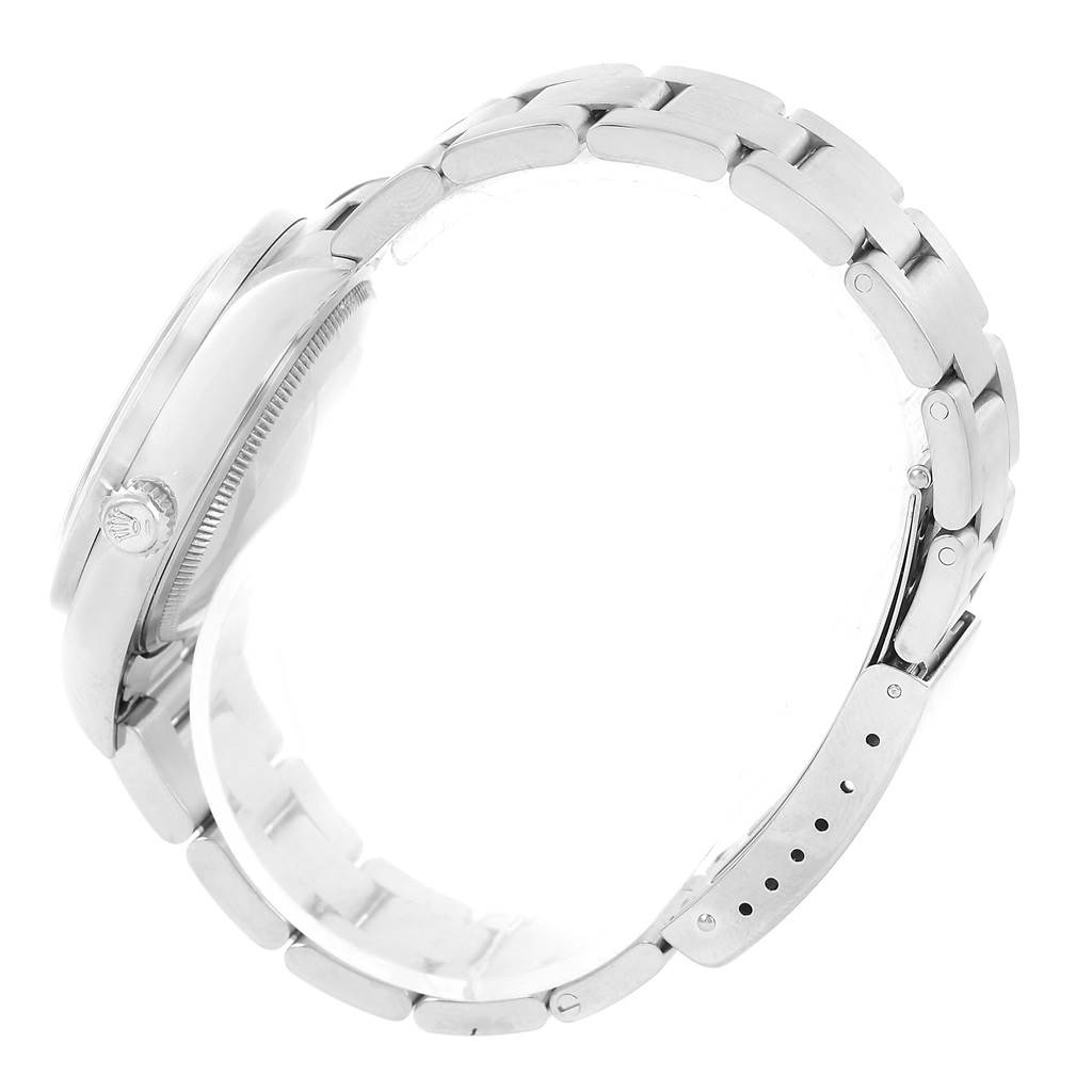 The image shows a Rolex Air-King 14010 Men's Stainless Steel Blue Dial 14010 Men's Stainless Steel Blue Dial watch from a side angle, highlighting the bracelet, case, and crown.