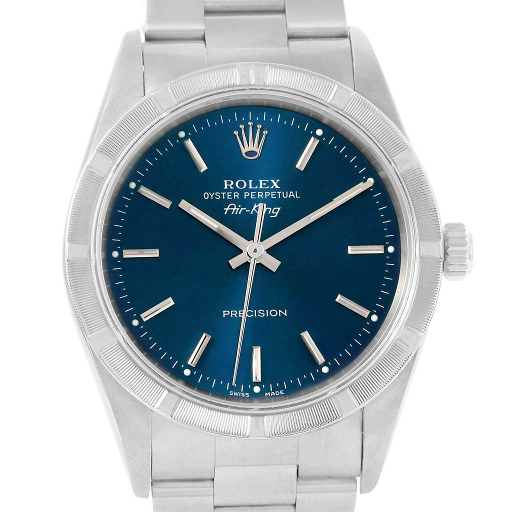 The Rolex Air-King 14010 Men's Stainless Steel Blue Dial 14010 Men's Stainless Steel Blue Dial watch is shown from a front angle, displaying its blue dial, bezel, hour markers, hands, and bracelet.