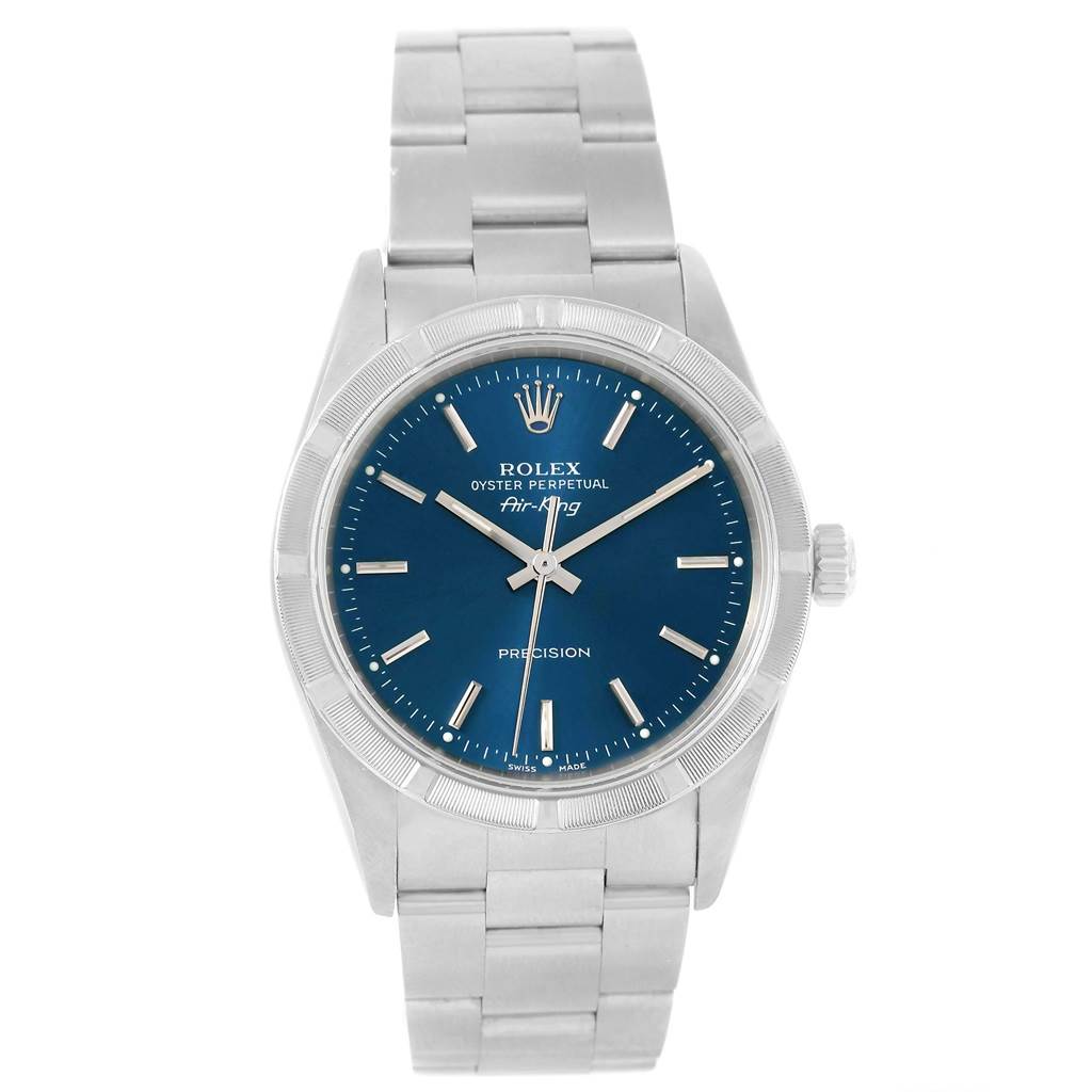 The image shows a frontal view of the Rolex Air-King 14010 Men's Stainless Steel Blue Dial 14010 Men's Stainless Steel Blue Dial watch, displaying its dial, hour markers, hands, and bracelet.