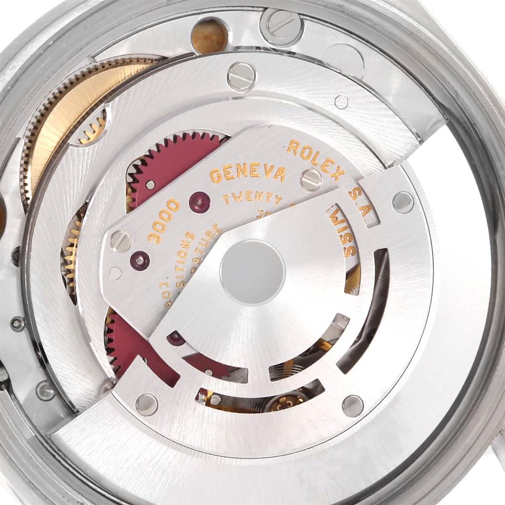 The image shows a detailed view of the movement mechanism inside the Rolex Air-King 14010 Men's Stainless Steel Blue Dial 14010 Men's Stainless Steel Blue Dial watch.