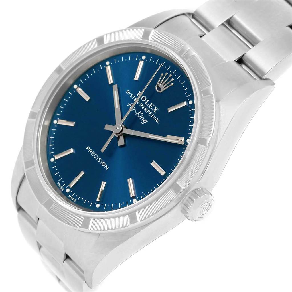 The Rolex Air-King 14010 Men's Stainless Steel Blue Dial 14010 Men's Stainless Steel Blue Dial watch is shown from an angled side view, highlighting its blue dial, bracelet, and crown.