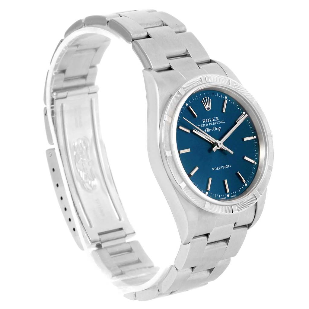 The Rolex Air-King 14010 Men's Stainless Steel Blue Dial 14010 Men's Stainless Steel Blue Dial watch is shown from a three-quarter angle, displaying the face, bracelet, and partially open clasp.