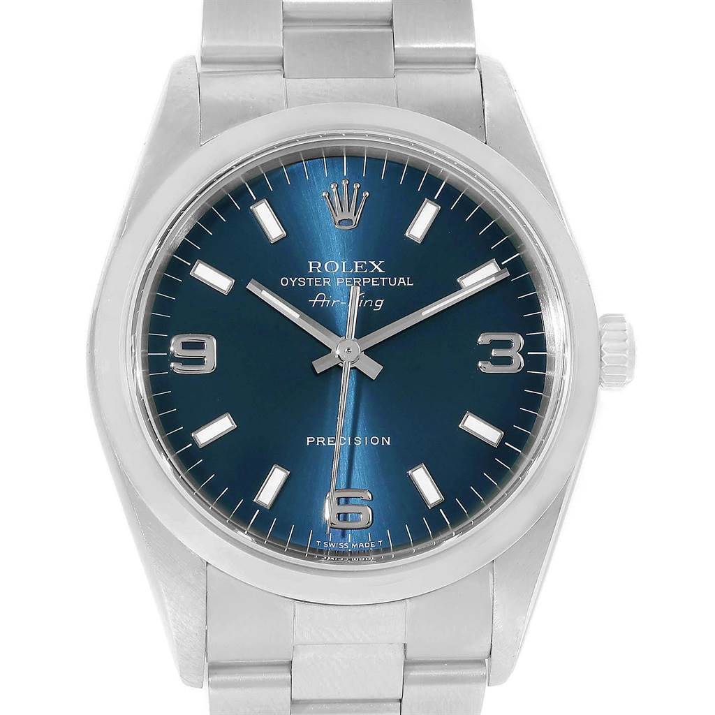 The image shows a front view of a Rolex Air-King 14000 Men's Stainless Steel Blue Dial 14000 Men's Stainless Steel Blue Dial watch, highlighting its blue dial, silver hour markers, and stainless steel bracelet.