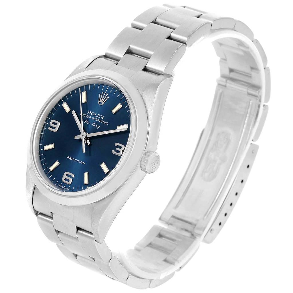 The Rolex Air-King 14000 Men's Stainless Steel Blue Dial 14000 Men's Stainless Steel Blue Dial watch is shown at a slight angle, displaying the face, bezel, crown, and partially opened bracelet.