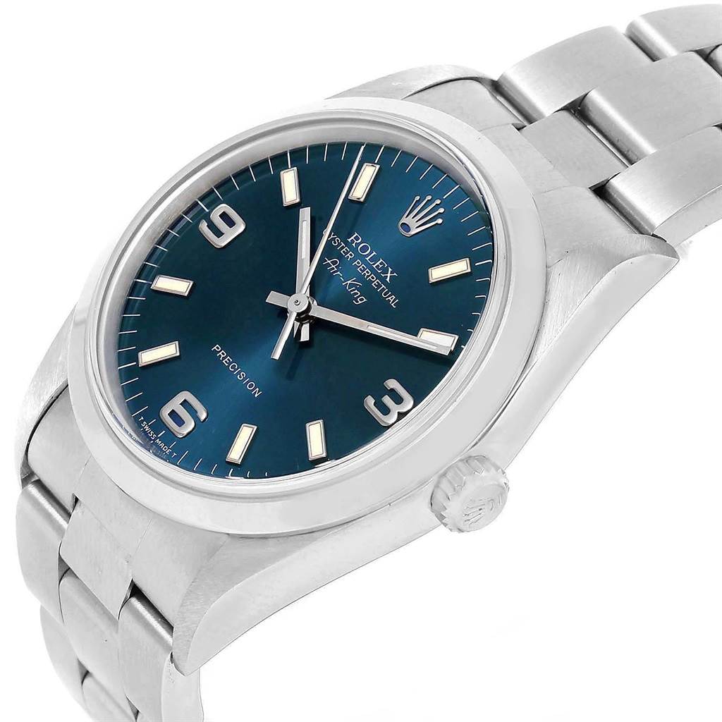 The image shows a Rolex Air-King 14000 Men's Stainless Steel Blue Dial 14000 Men's Stainless Steel Blue Dial watch, displaying the dial, bezel, crown, and part of the bracelet at a slight angle.