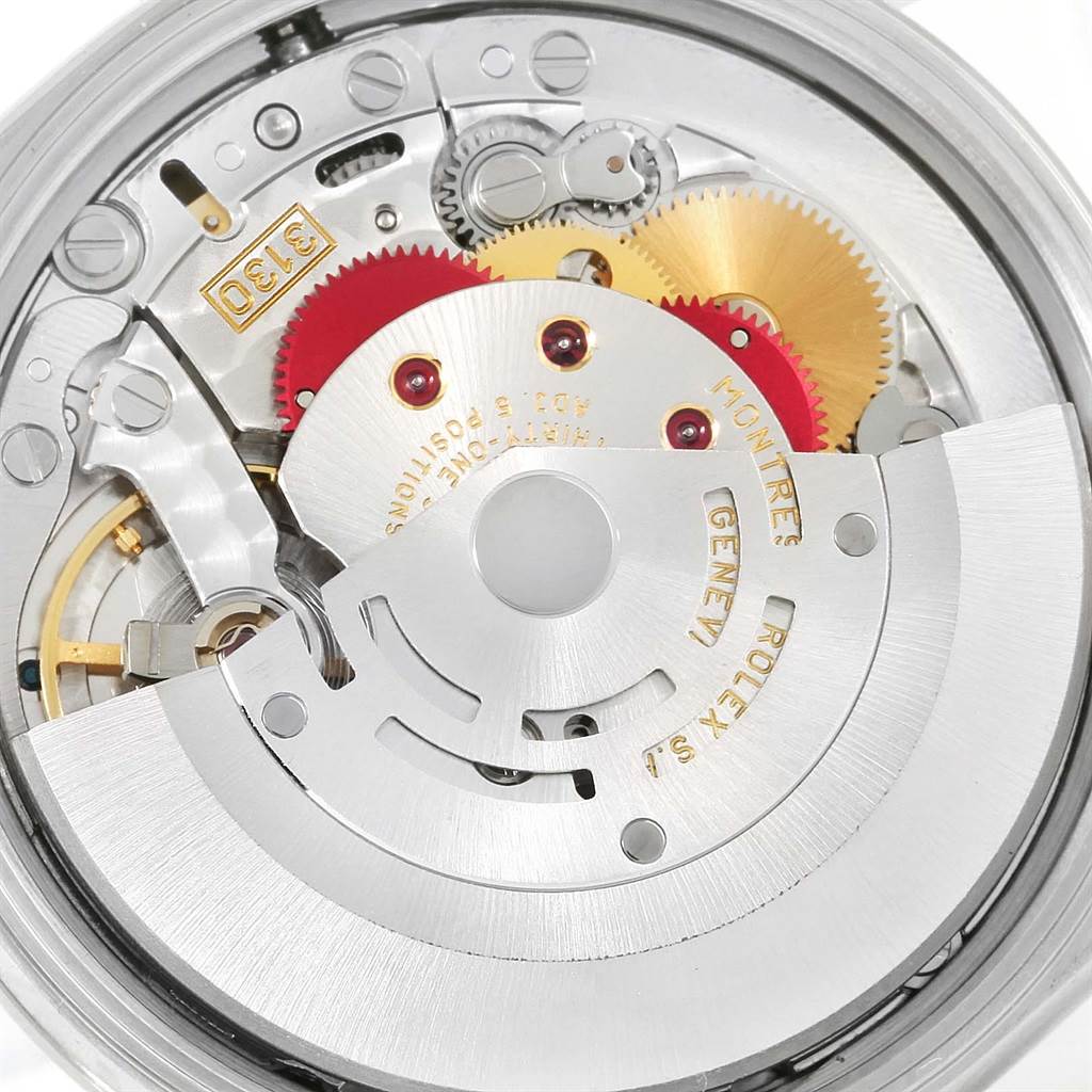 This close-up view shows the intricate inner movement and gears of the Rolex Air-King 14000 Men's Stainless Steel Blue Dial 14000 Men's Stainless Steel Blue Dial watch.