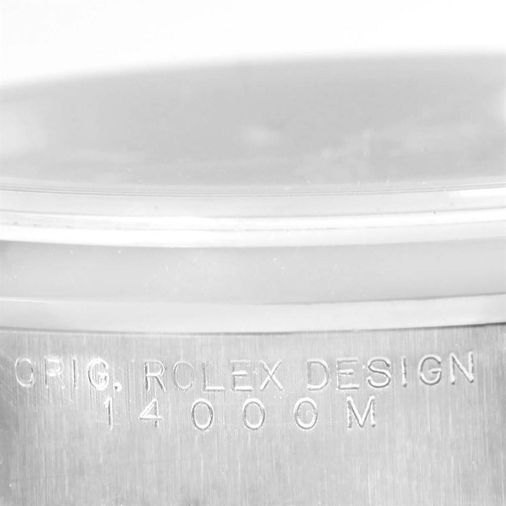 The image shows a close-up angle of the case side of a Rolex Air-King 14000 Men's Stainless Steel Blue Dial 14000 Men's Stainless Steel Blue Dial watch, highlighting the engraved text.