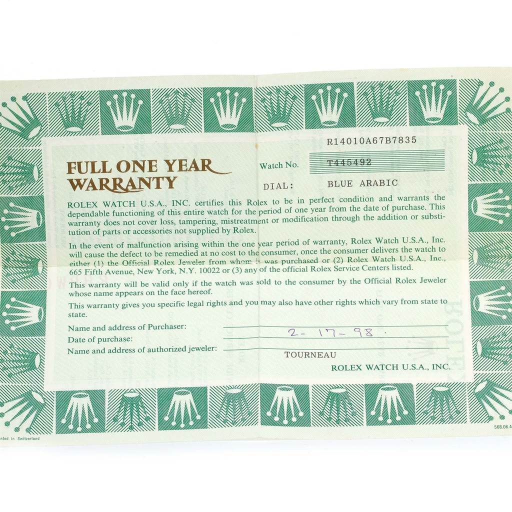 The image shows a warranty card for the Rolex Air-King 14010 Men's Stainless Steel Blue Dial 14010 Men's Stainless Steel Blue Dial model, including watch details and purchase information.