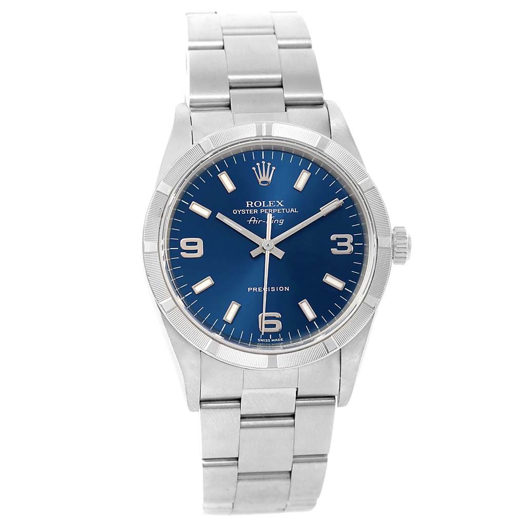 The image shows a Rolex Air-King 14010 Men's Stainless Steel Blue Dial 14010 Men's Stainless Steel Blue Dial watch from a front angle, highlighting the blue dial, stainless steel case, and bracelet.