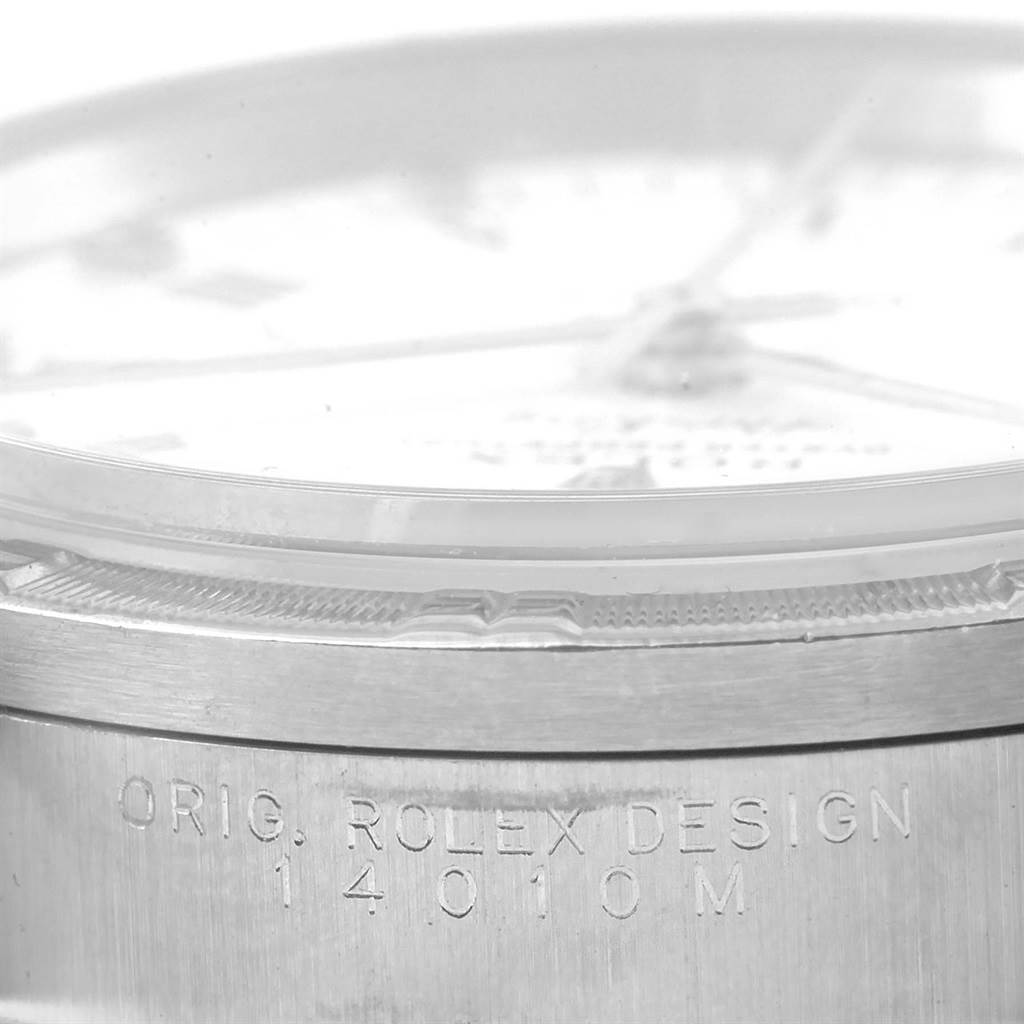 The image shows a close-up side view of the case of a Rolex Air-King 14010 Men's Stainless Steel White Dial 14010 Men's Stainless Steel White Dial watch, highlighting the engraved model number "14010 M".