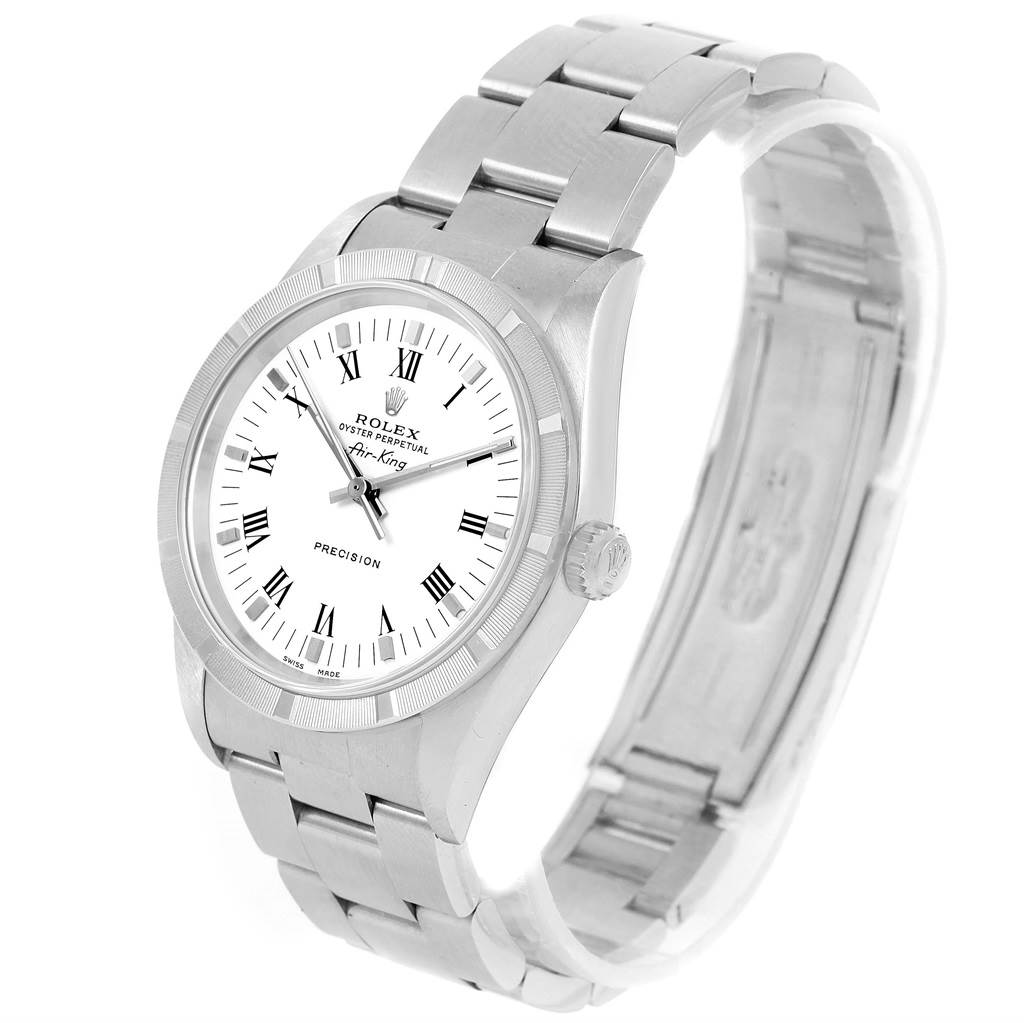 The image shows a Rolex Air-King 14010 Men's Stainless Steel White Dial 14010 Men's Stainless Steel White Dial watch at a slightly angled, adjacent view, highlighting the face, bezel, crown, and bracelet.