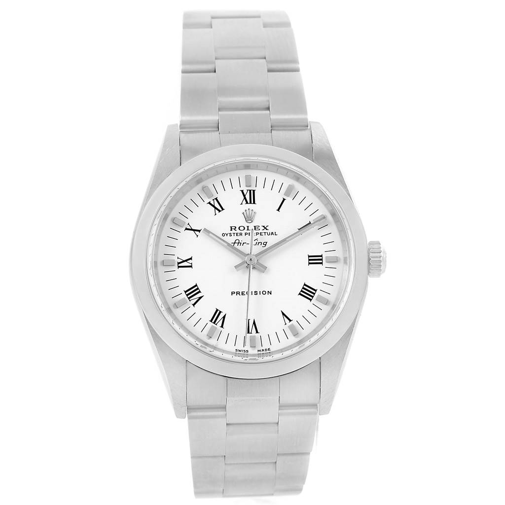 The Rolex Air-King 14000 Men's Stainless Steel White Dial 14000 Men's Stainless Steel White Dial watch is shown from a front angle, displaying the face, bezel, and bracelet.