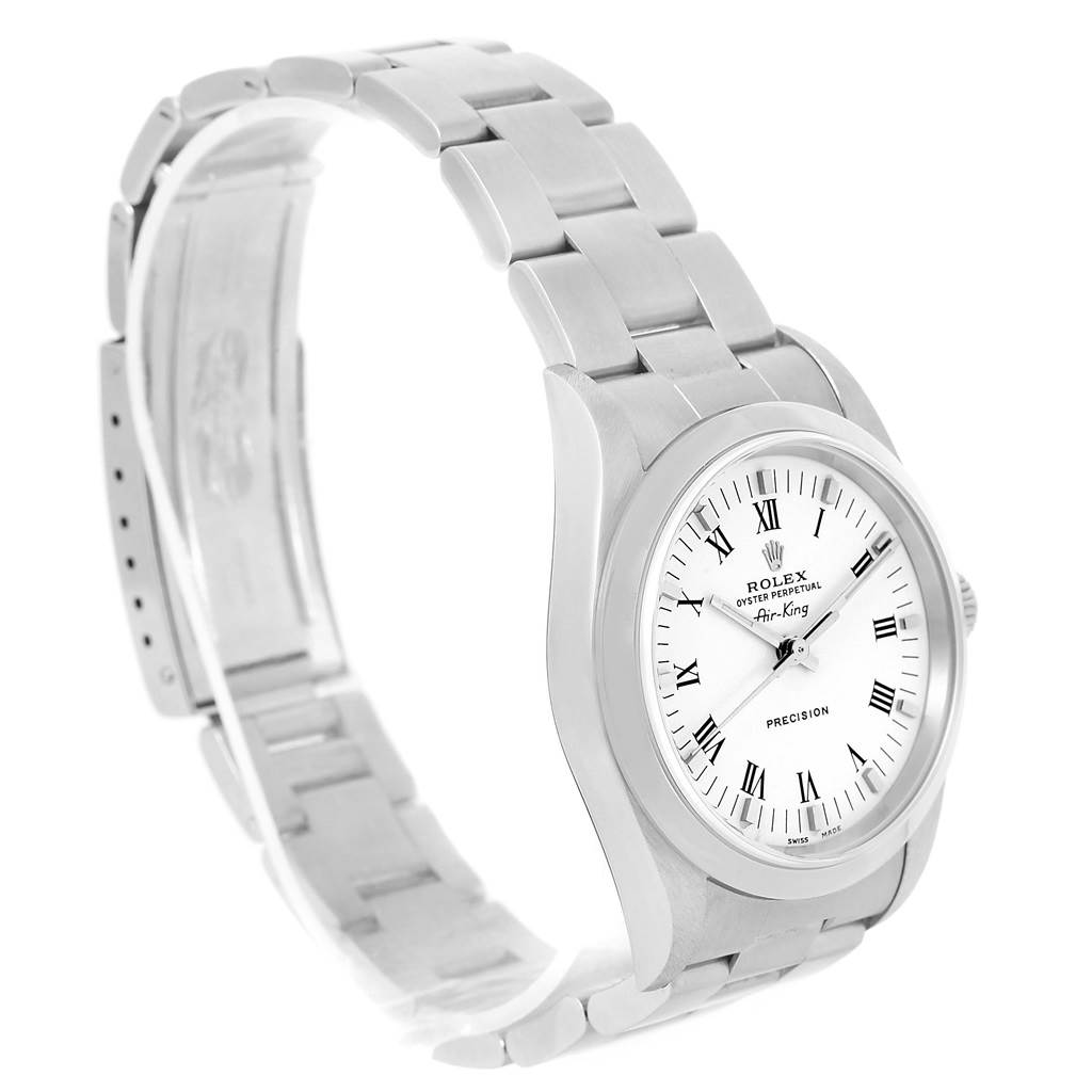 The image shows a side angle of the Rolex Air-King 14000 Men's Stainless Steel White Dial 14000 Men's Stainless Steel White Dial watch, displaying the dial, bezel, and part of the bracelet and clasp.