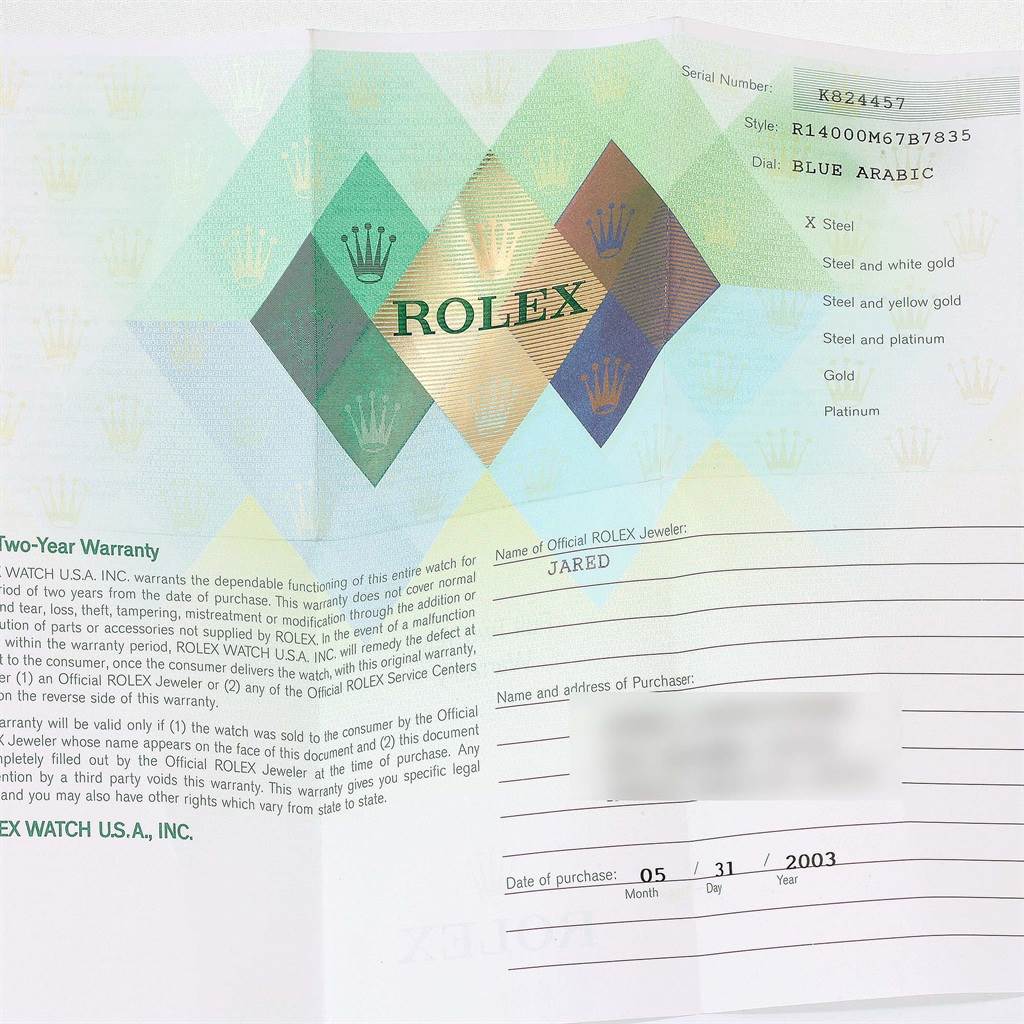 The image shows a two-year warranty certificate for a Rolex Air-King 14000 Men's Stainless Steel Blue Dial 14000 Men's Stainless Steel Blue Dial watch, including serial number, style, dial type, and purchaser information.