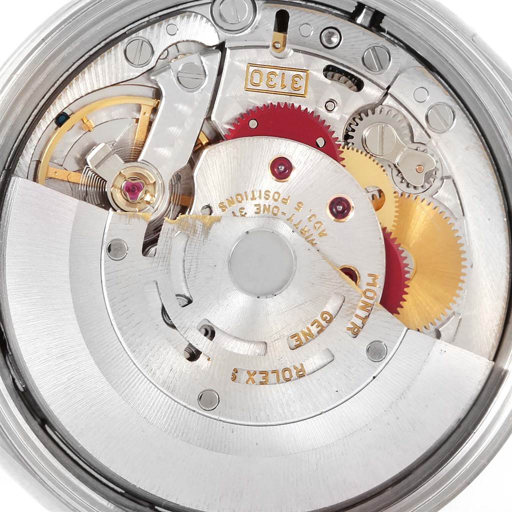 This is a close-up view of the internal mechanism of the Rolex Air-King 14000 Men's Stainless Steel Blue Dial 14000 Men's Stainless Steel Blue Dial watch.