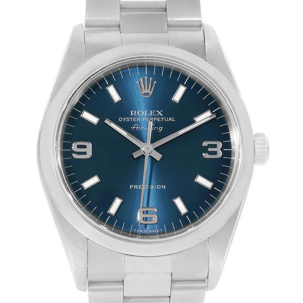 The Rolex Air-King 14000 Men's Stainless Steel Blue Dial 14000 Men's Stainless Steel Blue Dial watch is shown from a front angle, displaying the face, hour markers, hands, and part of the bracelet.