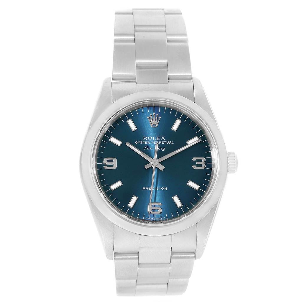 The Rolex Air-King 14000 Men's Stainless Steel Blue Dial 14000 Men's Stainless Steel Blue Dial watch is shown from a front angle, displaying its face, dial, case, and stainless steel bracelet.