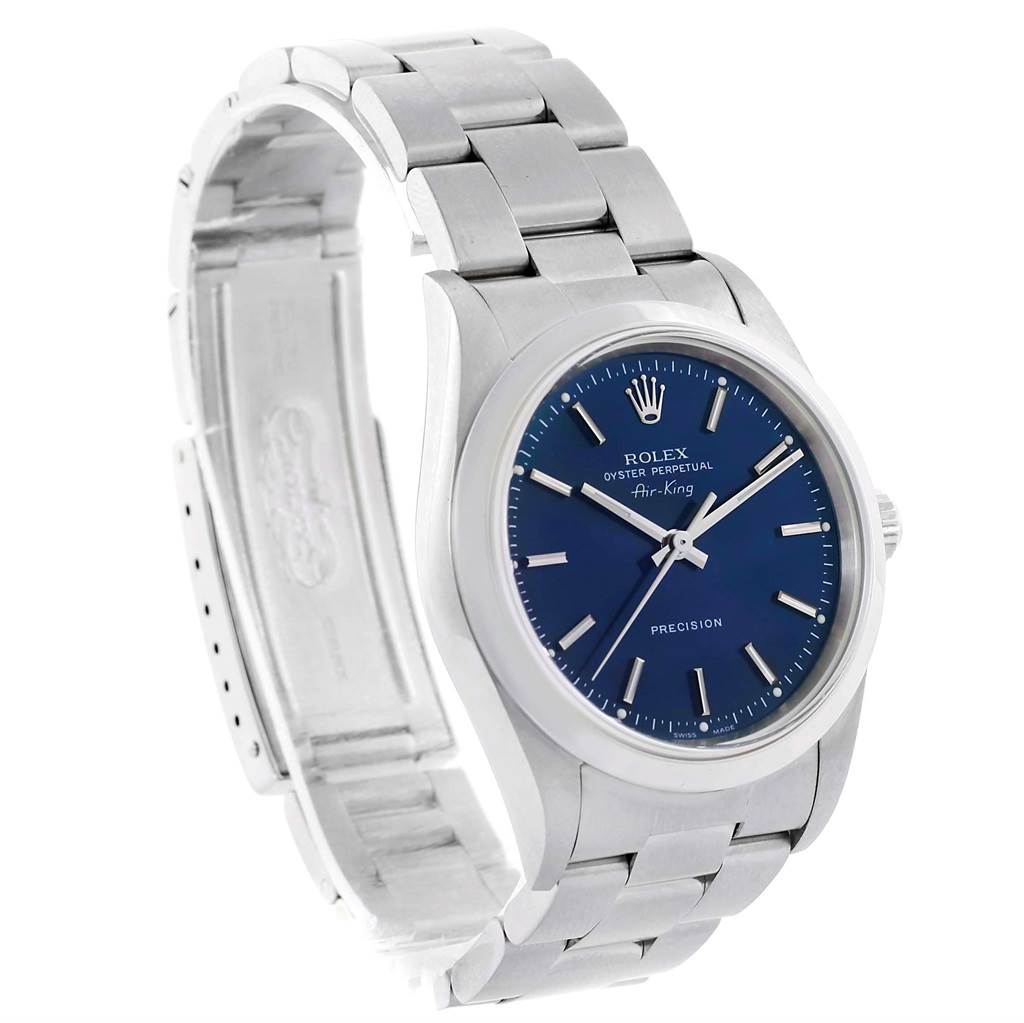 The image shows a Rolex Air-King 14000 Men's Stainless Steel Blue Dial 14000 Men's Stainless Steel Blue Dial watch from a slight side angle, highlighting its blue dial, stainless steel case, and bracelet.