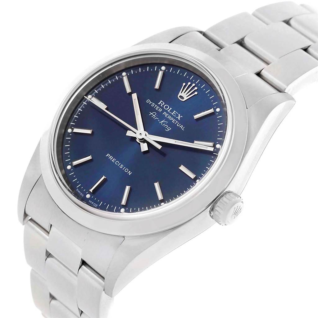 The Rolex Air-King 14000 Men's Stainless Steel Blue Dial 14000 Men's Stainless Steel Blue Dial watch is shown at a slight side angle, highlighting the dial, crown, and bracelet.
