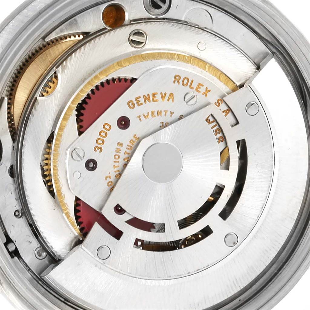 This close-up image shows the intricate internal mechanics of the Rolex Air-King 14000 Men's Stainless Steel Blue Dial 14000 Men's Stainless Steel Blue Dial model watch.