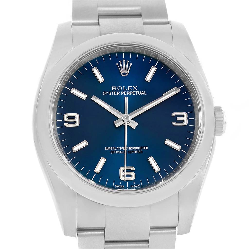 The image shows a direct front view of the Rolex Air-King 116000 Men's Stainless Steel Blue Dial 116000 Men's Stainless Steel Blue Dial watch, highlighting the dial, hands, crown, and bracelet.