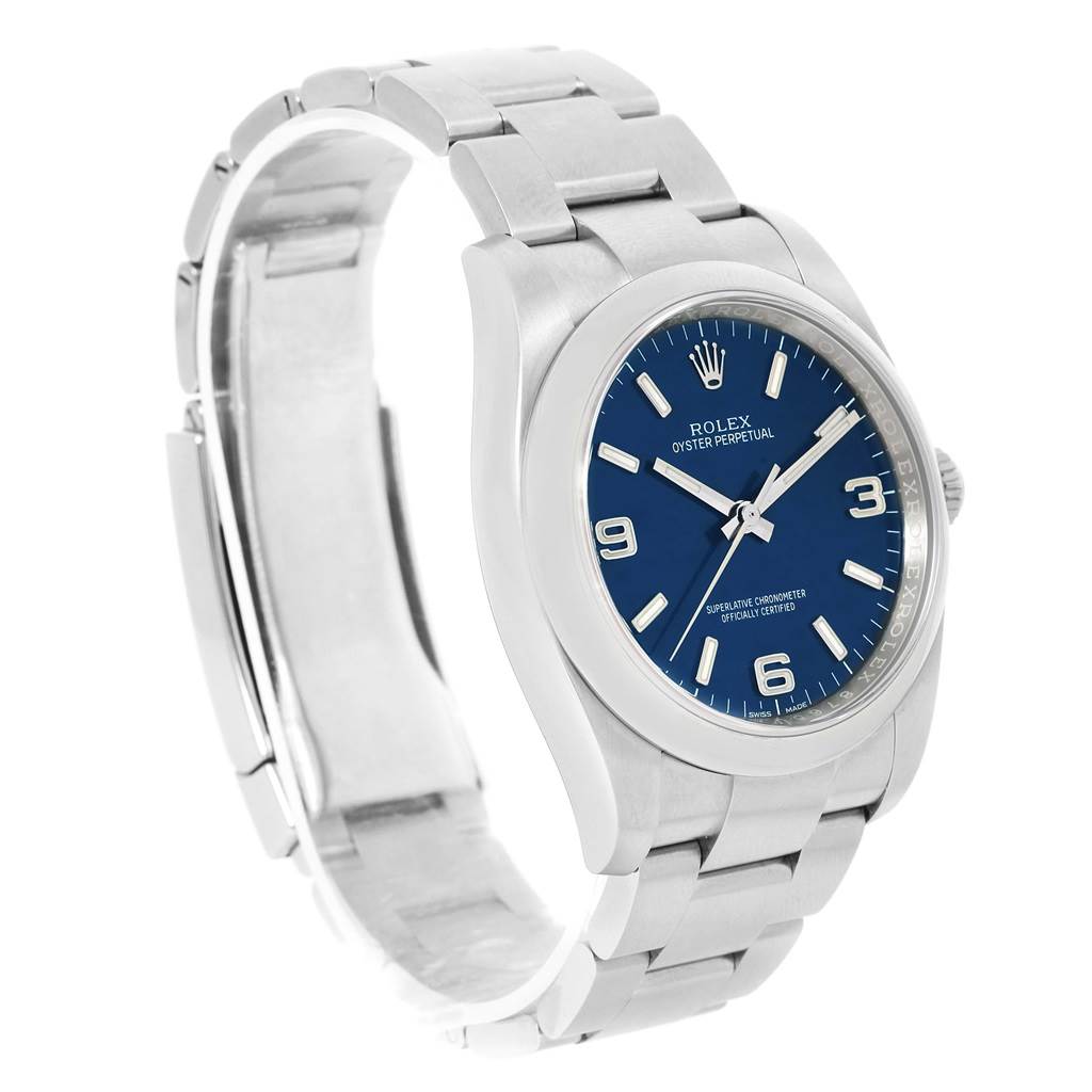 The image shows a Rolex Air-King 116000 Men's Stainless Steel Blue Dial 116000 Men's Stainless Steel Blue Dial watch at a three-quarter angle, highlighting its face, bracelet, and clasp.