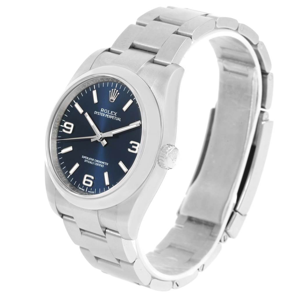 The image shows a Rolex Air-King 116000 Men's Stainless Steel Blue Dial 116000 Men's Stainless Steel Blue Dial watch at an oblique angle, displaying its case, bracelet, and dial.