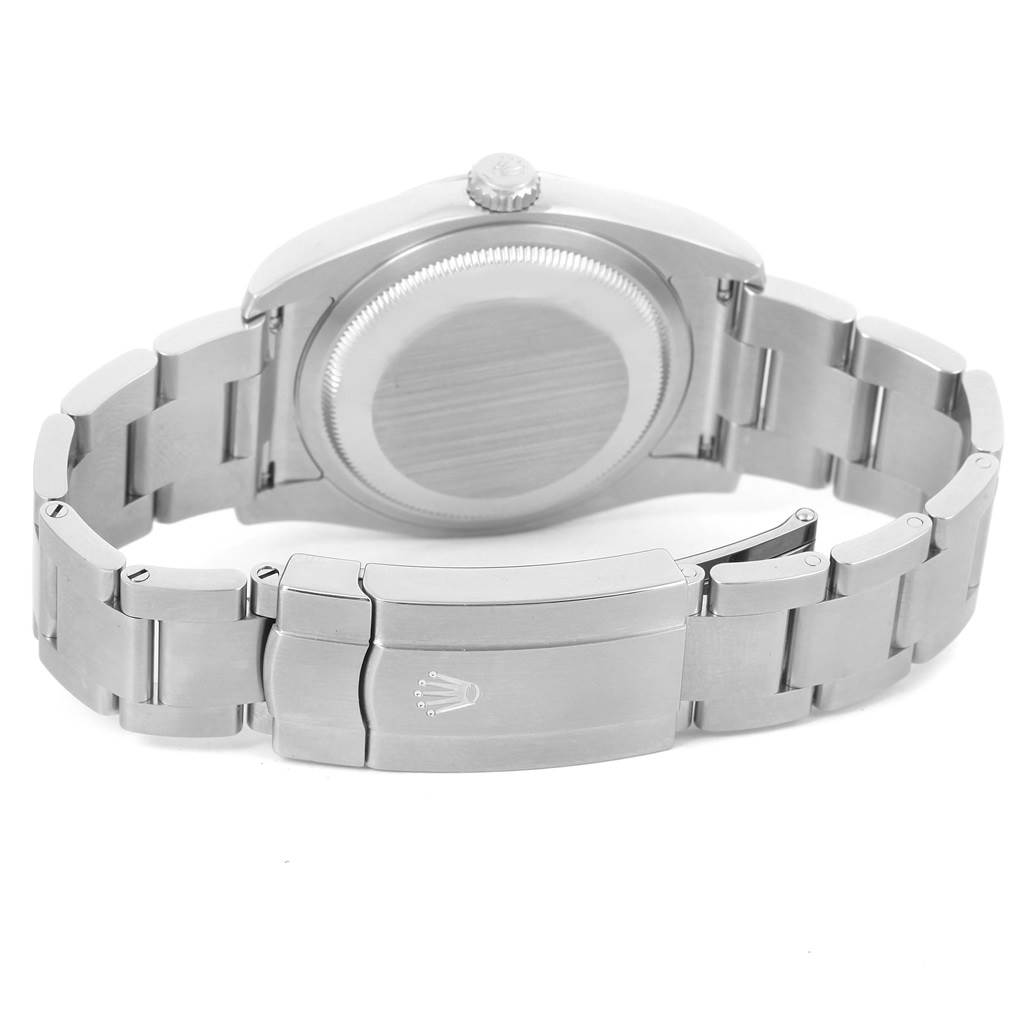 This image shows the back view of the Rolex Air-King 116000 Men's Stainless Steel Blue Dial 116000 Men's Stainless Steel Blue Dial watch, highlighting the case back and metal bracelet with clasp.