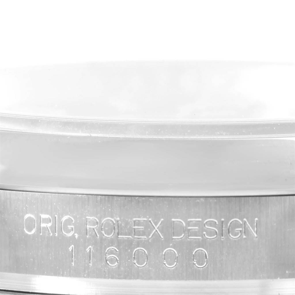 This is a close-up of the engraved case side of the Rolex Air-King 116000 Men's Stainless Steel Blue Dial 116000 Men's Stainless Steel Blue Dial watch, showing model number 116000.