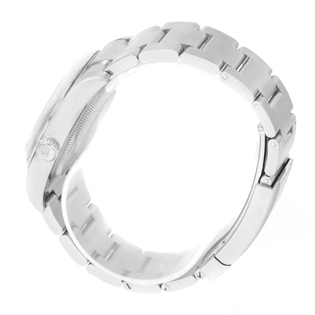 This image shows a side view of the Rolex Air-King 116000 Men's Stainless Steel Blue Dial 116000 Men's Stainless Steel Blue Dial watch, highlighting its bracelet and crown.