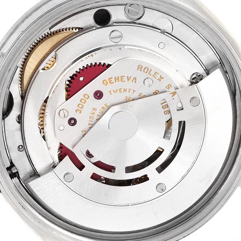 The image shows an internal, close-up view of the Rolex Air-King 14000 Men's Stainless Steel Black Dial 14000 Men's Stainless Steel Black Dial watch mechanism, featuring gears and the rotor.