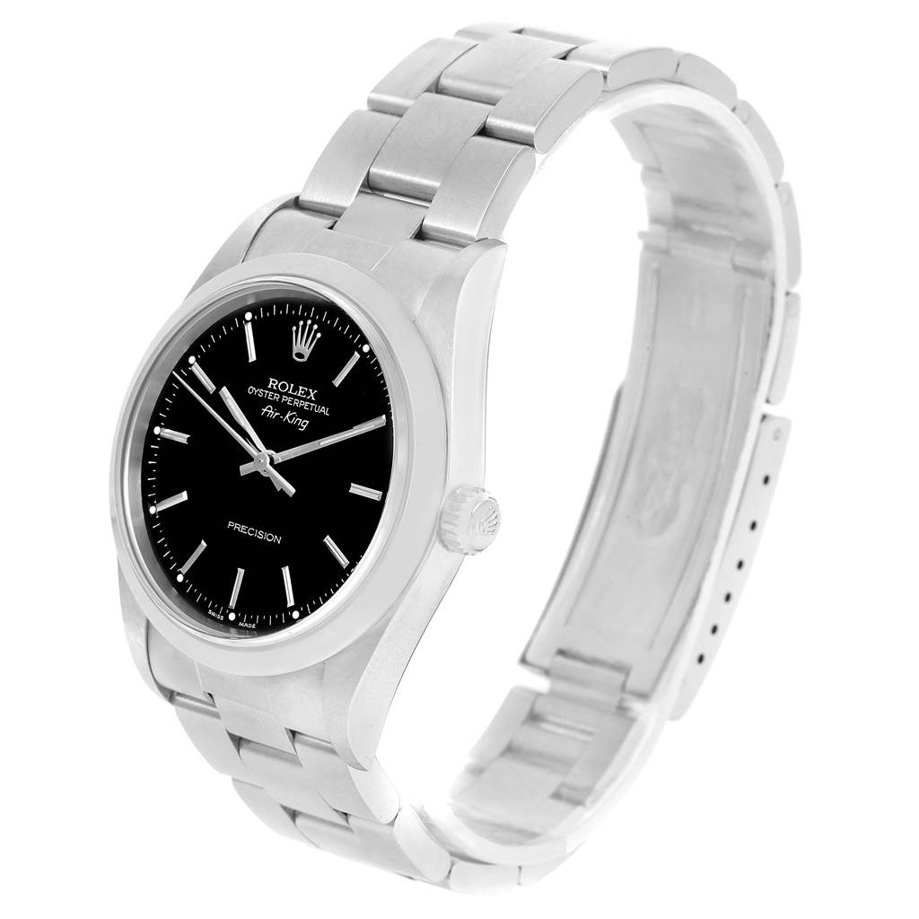 The image shows a side view of a Rolex Air-King 14000 Men's Stainless Steel Black Dial 14000 Men's Stainless Steel Black Dial watch highlighting its face, bezel, crown, and bracelet.