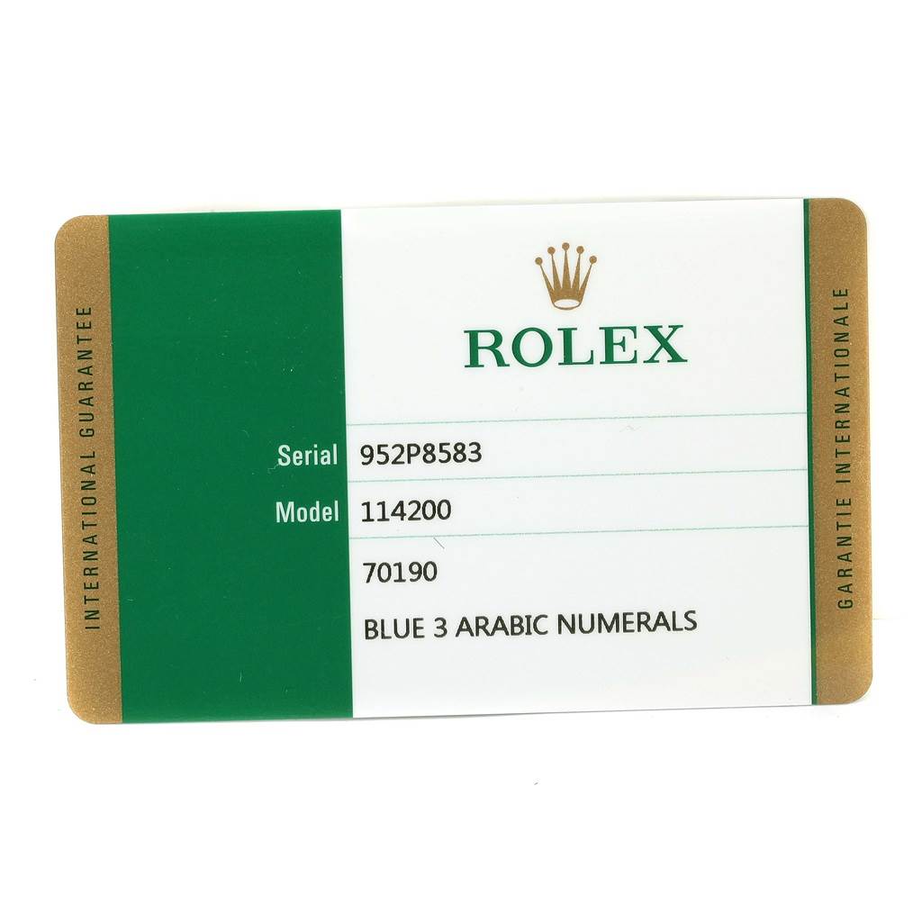 This image shows the serial and model number card for a Rolex Air-King 114200BLASO Men's Stainless Steel Blue Dial 114200BLASO Men's Stainless Steel Blue Dial watch, detailing model 114200 and serial 952P8583.