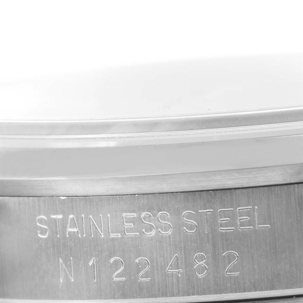 This close-up shot shows the engraved stainless steel case back of the Rolex Air-King 14000 Men's Stainless Steel Black Dial 14000 Men's Stainless Steel Black Dial watch.