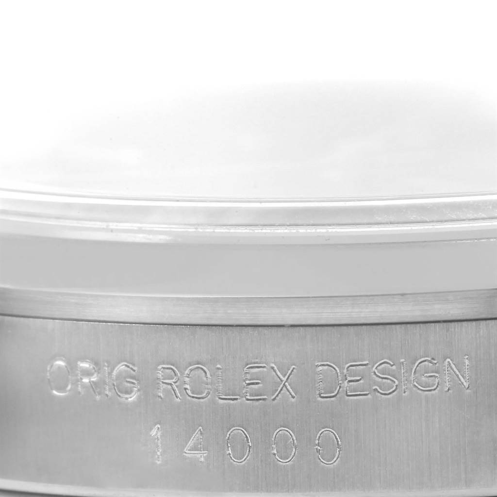 The image shows a close-up view of the case side detailing on a Rolex Air-King 14000 Men's Stainless Steel Black Dial 14000 Men's Stainless Steel Black Dial watch, highlighting the model number and "ORIG ROLEX DESIGN" engraving.