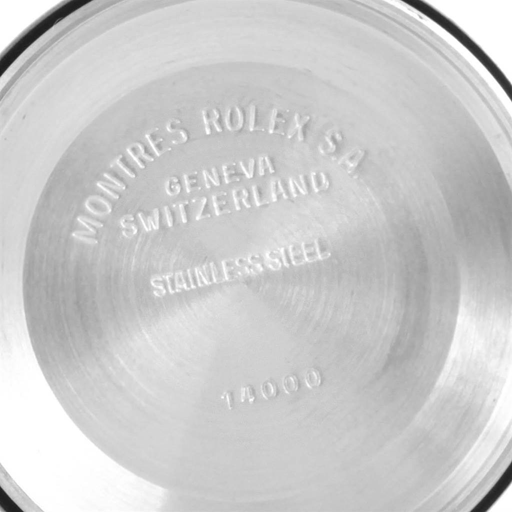 This image shows the inner case back of a Rolex Air-King 14000 Men's Stainless Steel Black Dial 14000 Men's Stainless Steel Black Dial watch, displaying inscriptions and the model number 14000.