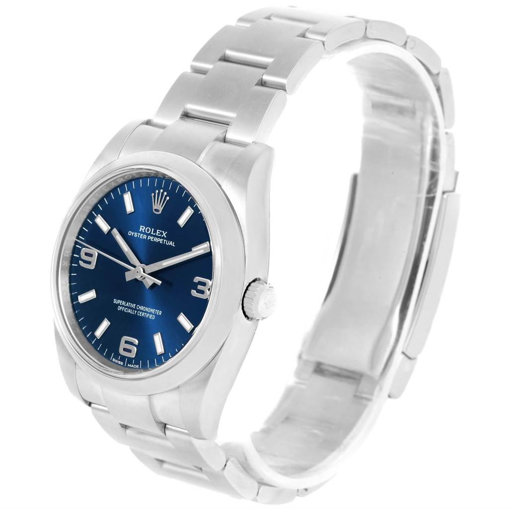 This image shows a Rolex Air-King 114200 Men's Stainless Steel Blue Dial 114200 Men's Stainless Steel Blue Dial watch at a front-side angle, highlighting its dial, bezel, crown, and metal bracelet.