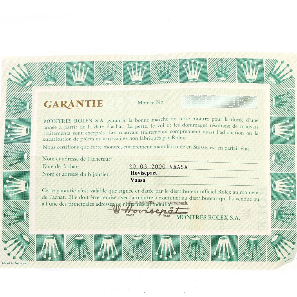 The image shows a warranty certificate for a Rolex Air-King 14000 Men's Stainless Steel Blue Dial 14000 Men's Stainless Steel Blue Dial watch, highlighting purchase and jeweler details.